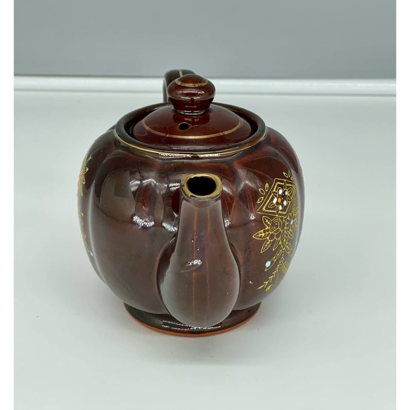 Vintage Moriage Redware Brown Betty Teapot w/ Lid Hand Painted Gold Trim Japan* - Picture 14 of 16